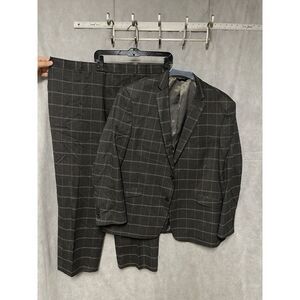 Lineage Suit Men 48R Gray Brown Windowpane Plaid‎ Flannel Pants 42x29.5 Luxury